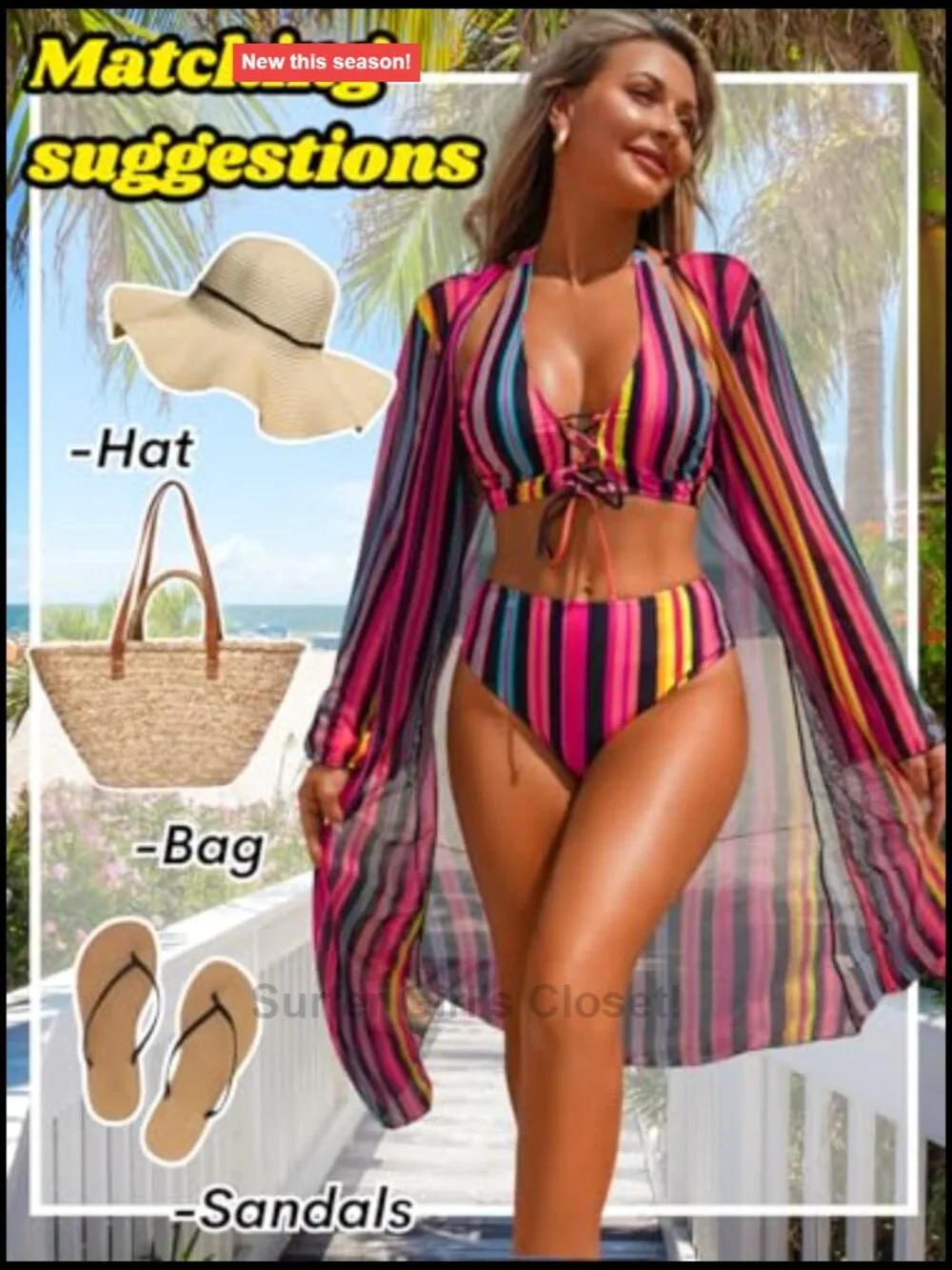 3 Piece Swimsuit Set with Halter Top, High Waisted Bottoms & Cover Up